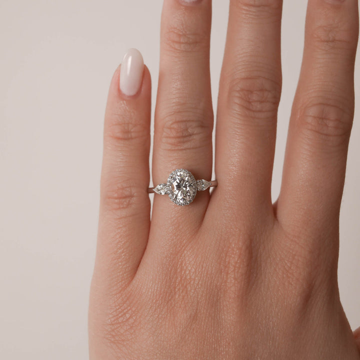 1.20ct Oval Halo Three Stone Moissanite Diamond Engagement Ring