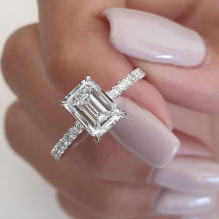 1.25ct Emerald Cut Moissanite Diamond Hidden Halo Engagement Ring