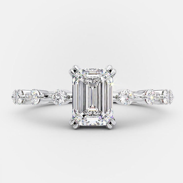 1.0ct Emerald Cut Moissanite Petite Pave Diamond Engagement Ring