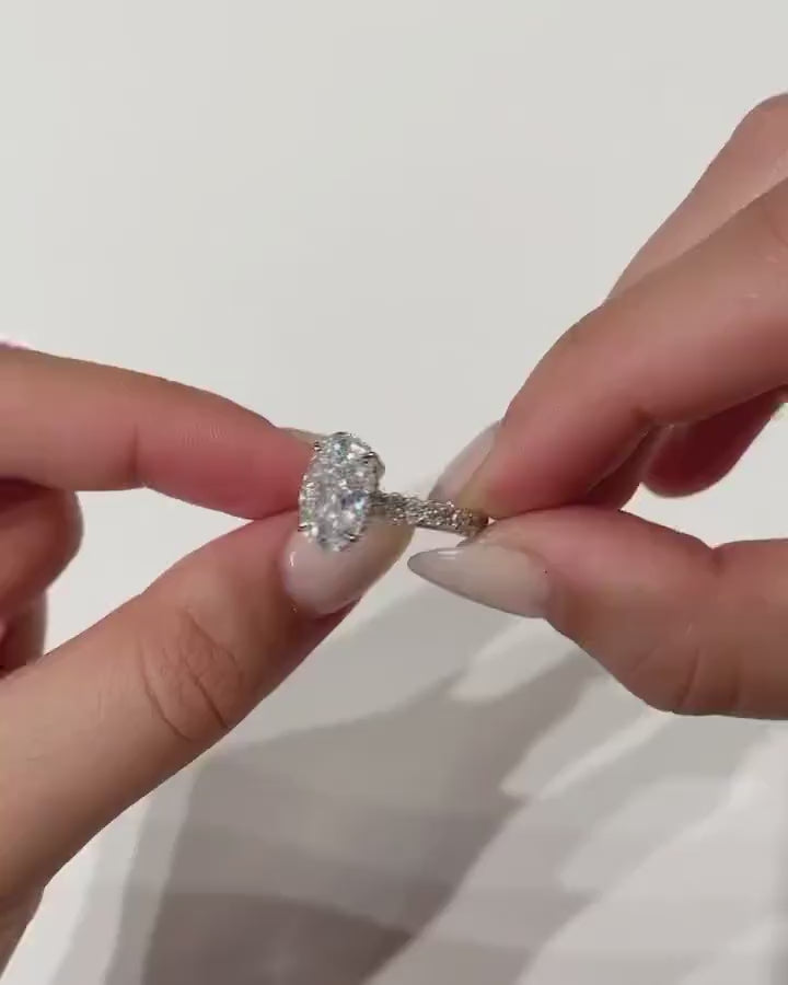4.10ct Oval Cut Hidden Halo Diamond Moissanite Pave Engagement Ring