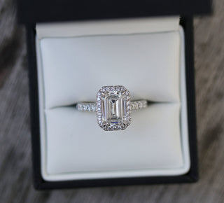 2.0CT Emerald Cut Moissanite Halo Pave Diamond Engagement Ring