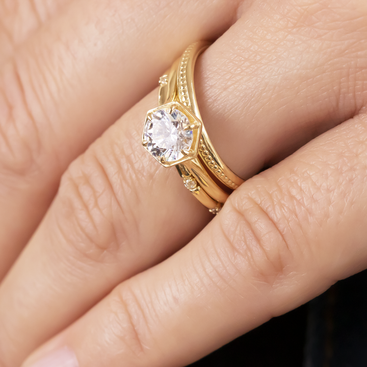 1.0CT Round Cut Hexagon Style Moissanite Engagement Ring