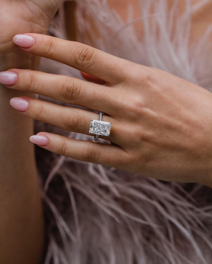 7.45ct Elongated Radiant Cut Three Stone Moissanite Diamond Engagement Ring