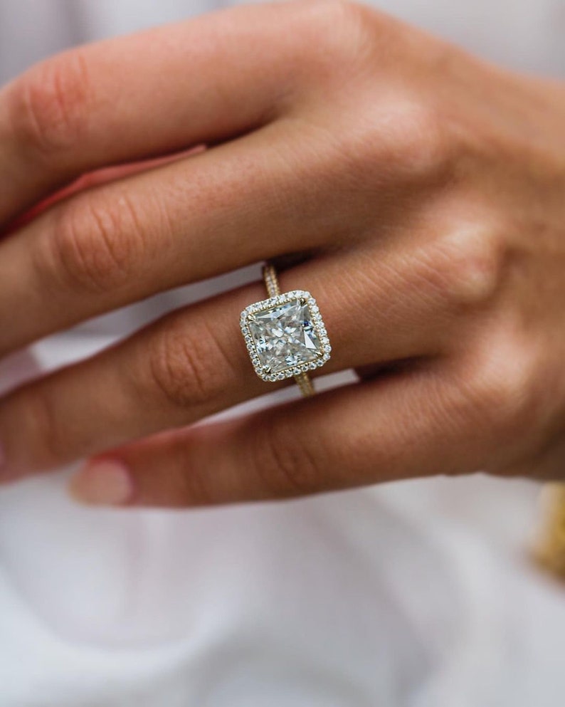 3.25ct Asscher Cut Three Side Pave Moissanite Diamond Halo Engagement Ring