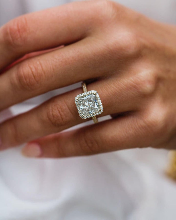 3.25ct Asscher Cut Three Side Pave Moissanite Diamond Halo Engagement Ring