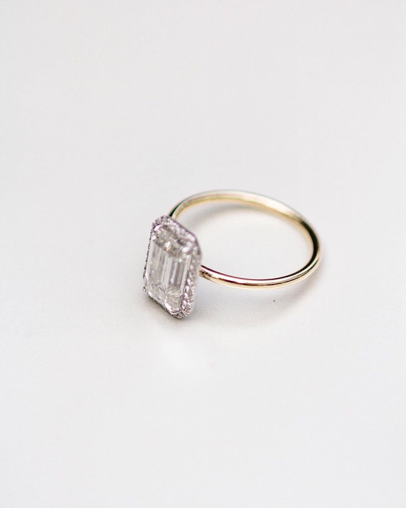 3.0ct Emerald Cut Halo Moissanite Diamond Engagement Ring