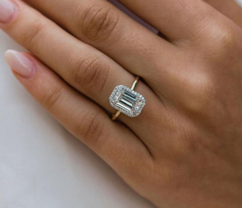 3.0ct Emerald Cut Halo Moissanite Diamond Engagement Ring