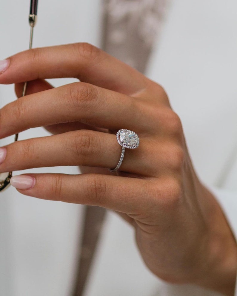 2.40ct Cushion Cut Pave Moissanite Diamond Halo Engagement Ring