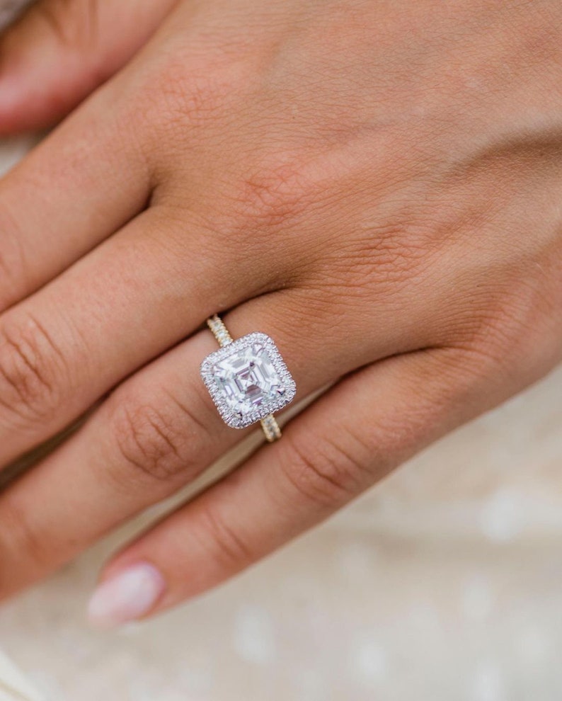2.75ct Asscher Cut Halo Moissanite Diamond Pave Engagement Ring