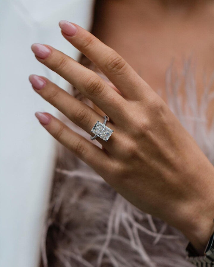 7.45ct Elongated Radiant Cut Three Stone Moissanite Diamond Engagement Ring