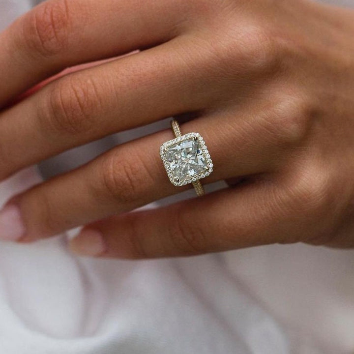 3.25ct Asscher Cut Three Side Pave Moissanite Diamond Halo Engagement Ring