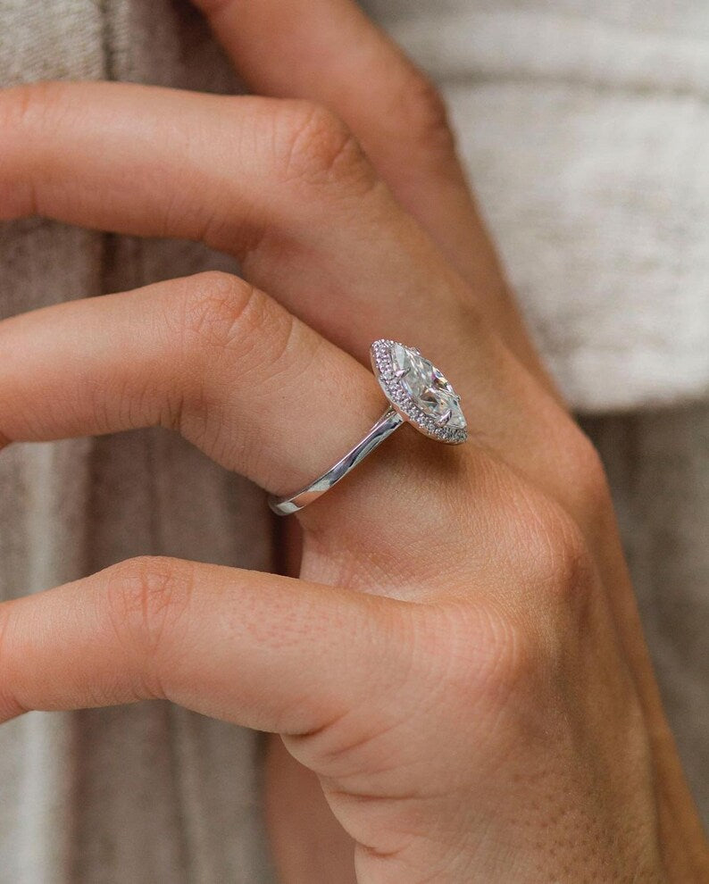 1.62ct Marquise Cut Halo Moissanite Diamond Engagement Ring