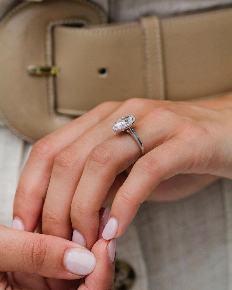 1.62ct Marquise Cut Halo Moissanite Diamond Engagement Ring