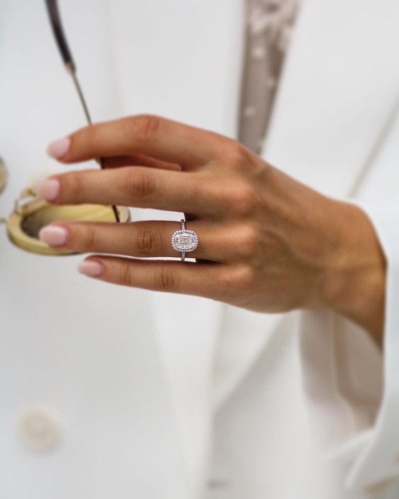 2.40ct Cushion Cut Pave Moissanite Diamond Halo Engagement Ring