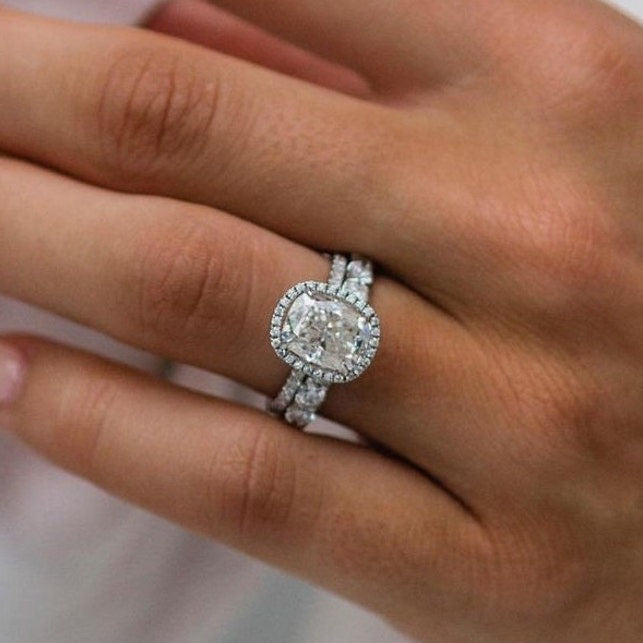 2.40ct Cushion Cut Pave Moissanite Diamond Halo Engagement Ring