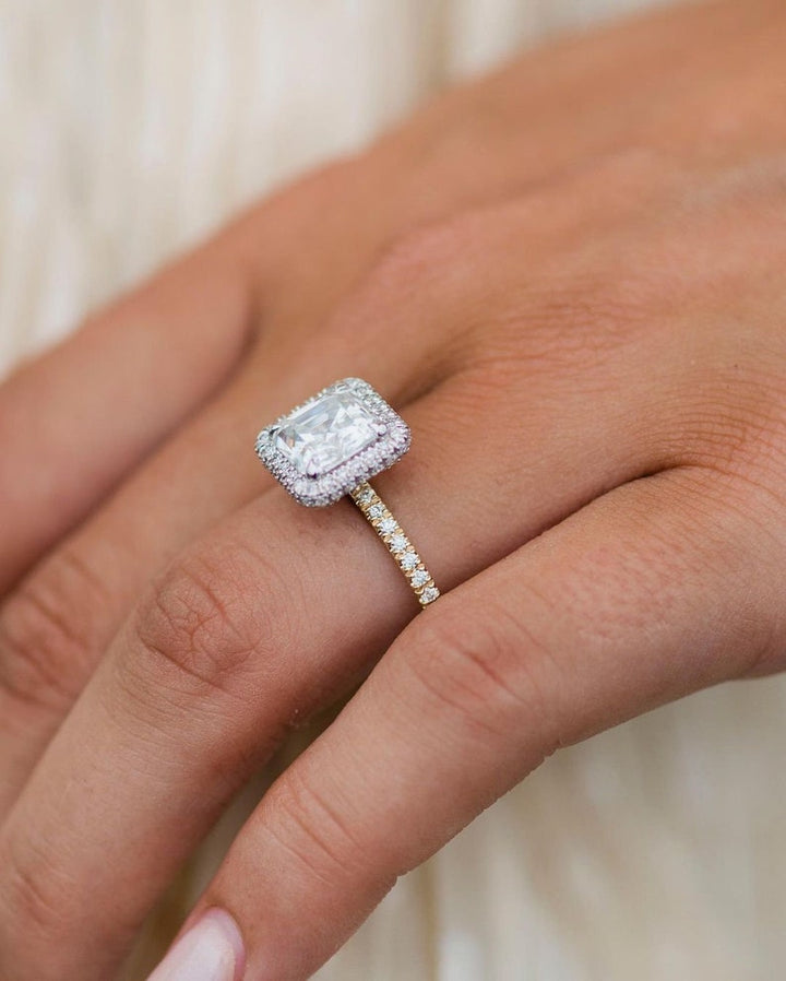 2.75ct Asscher Cut Halo Moissanite Diamond Pave Engagement Ring