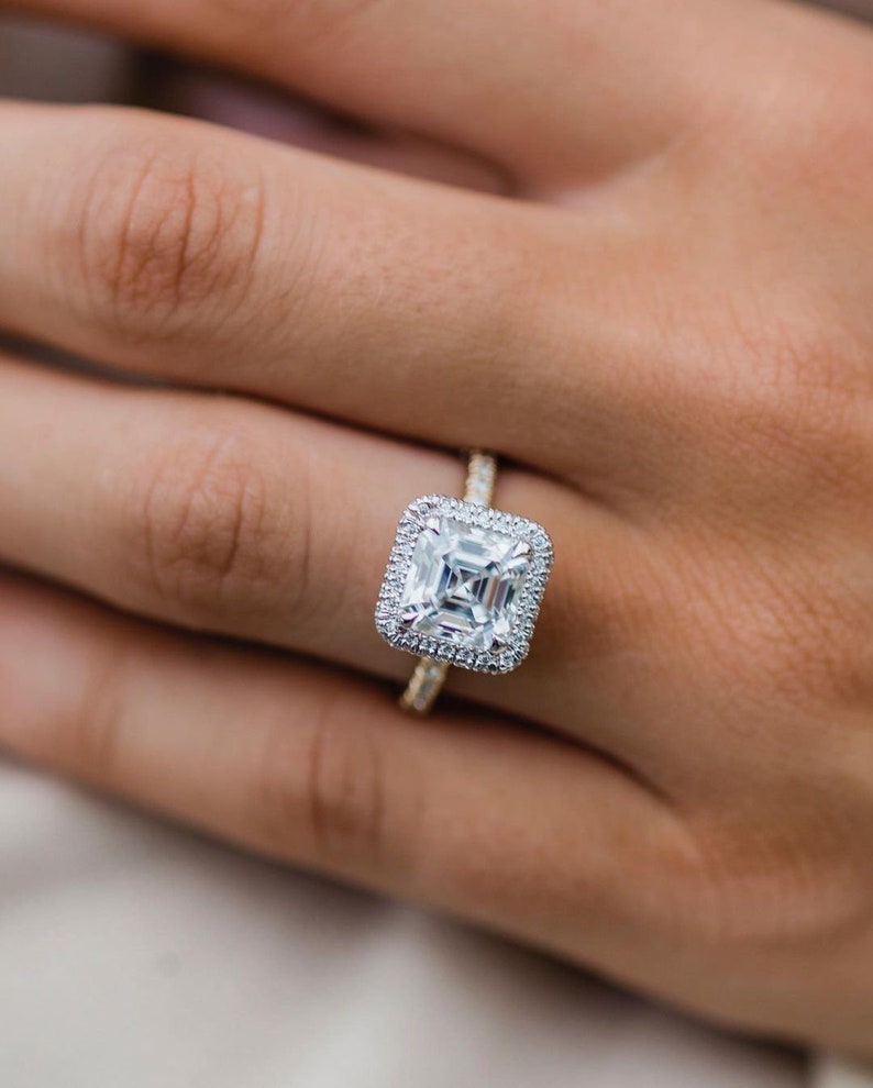 2.75ct Asscher Cut Halo Moissanite Diamond Pave Engagement Ring