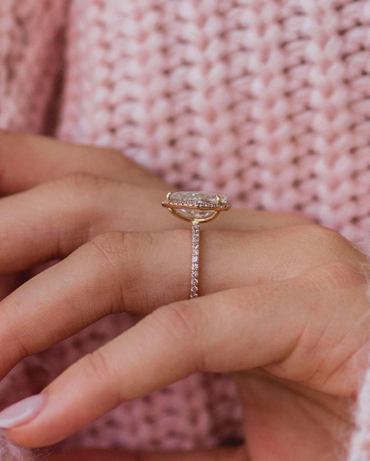 3.45ct Pear Cut Halo Moissanite Diamond Pave Engagement Ring