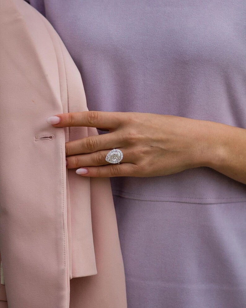 6.16ct Pear Cut Halo Moissanite Diamond Pave Engagement Ring