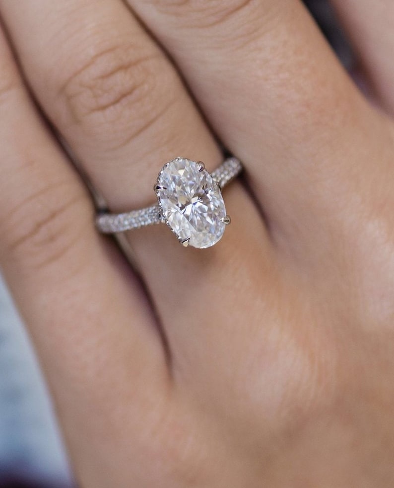3.0ct Oval Cut Three Side Pave Diamond Moissanite Hidden Halo Engagement Ring