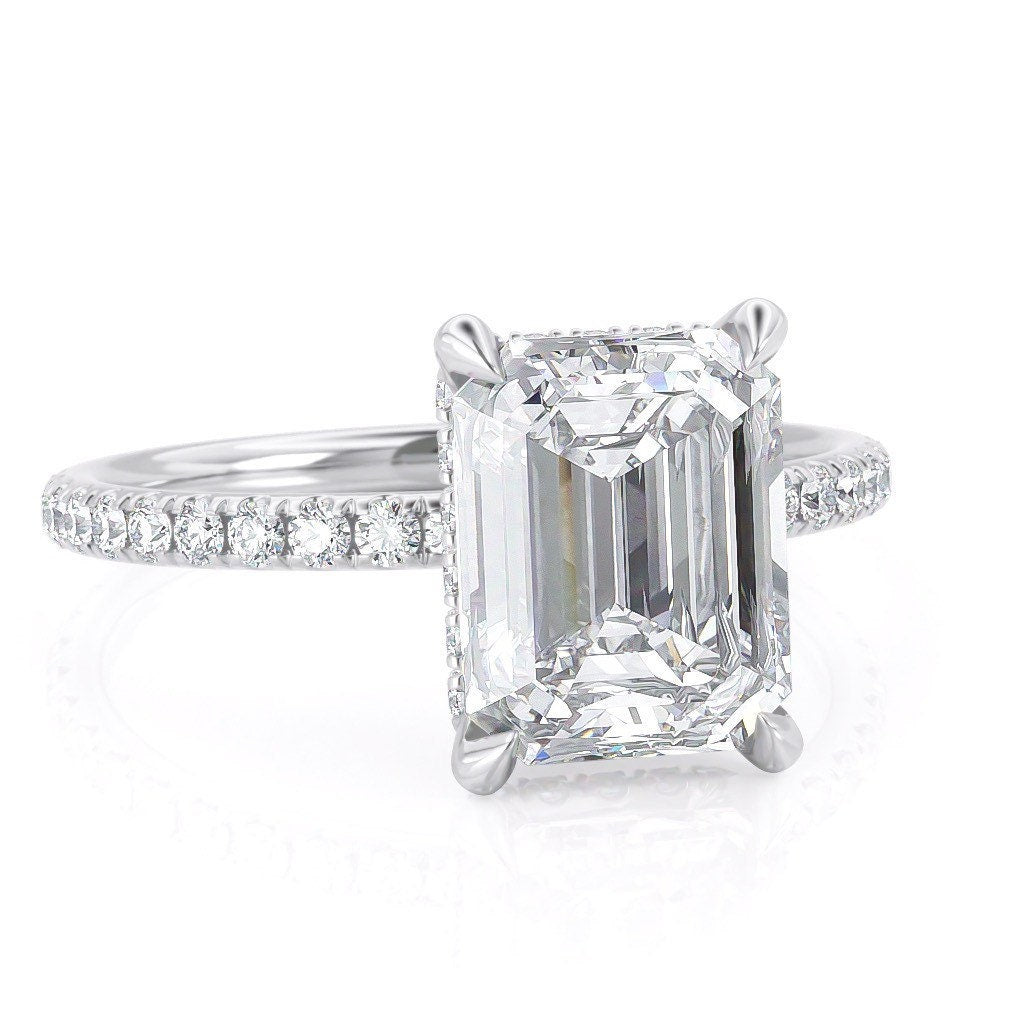 2.5 CT Emerald Cut Hidden Halo Moissanite Engagement Ring