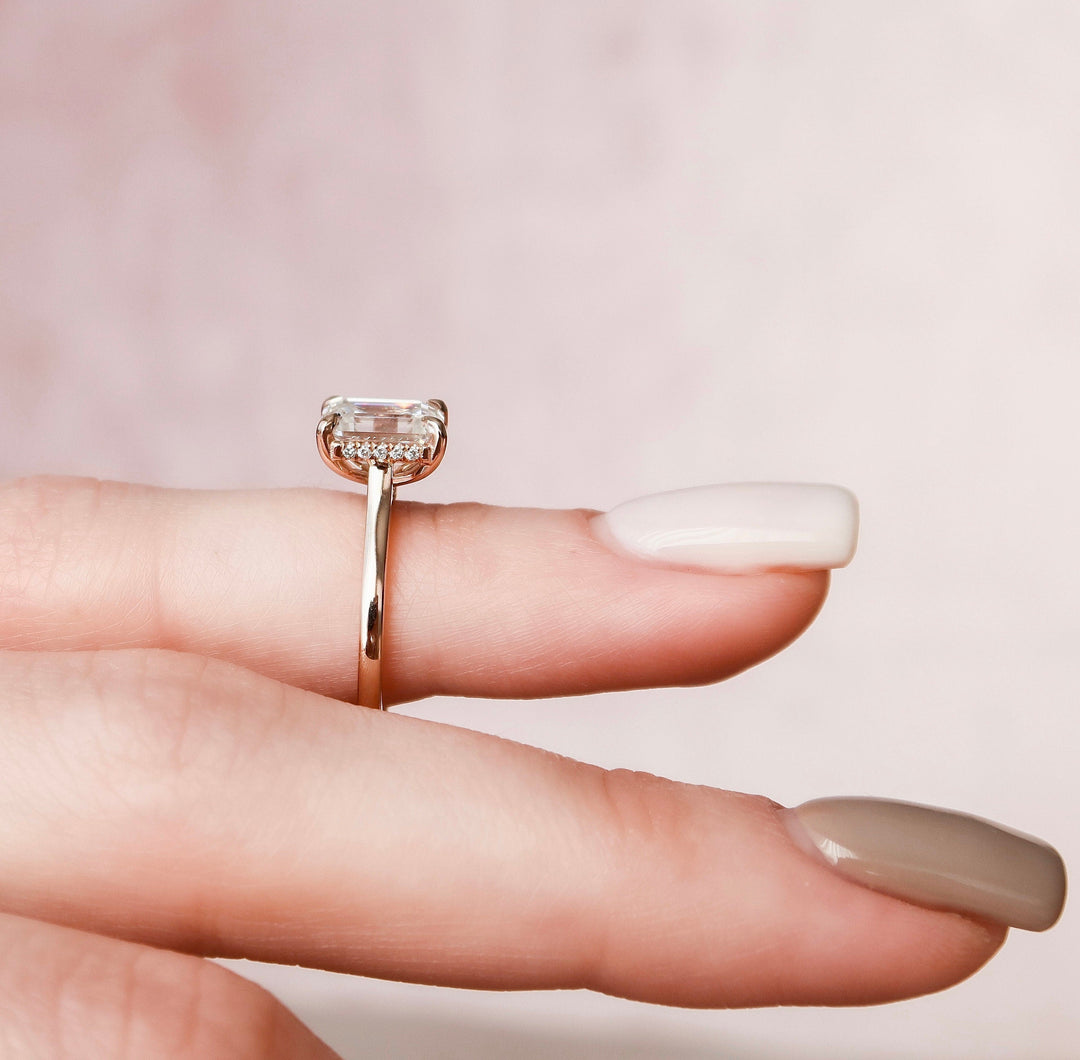 1.50CT Elongated Emerald Cut Moissanite Cathedral Setting Engagement Ring