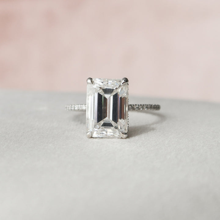 5.0CT Emerald Cut Moissanite Hidden Halo Engagement Ring