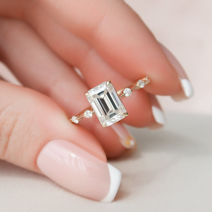 2.50CT Emerald Cut Petite Pave Moissanite Engagement Ring