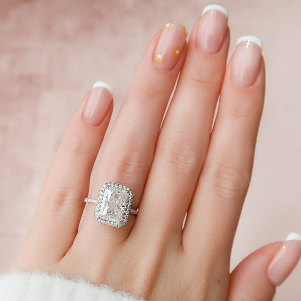 5.0CT Radiant Cut Halo Moissanite Diamond Pave Engagement Ring