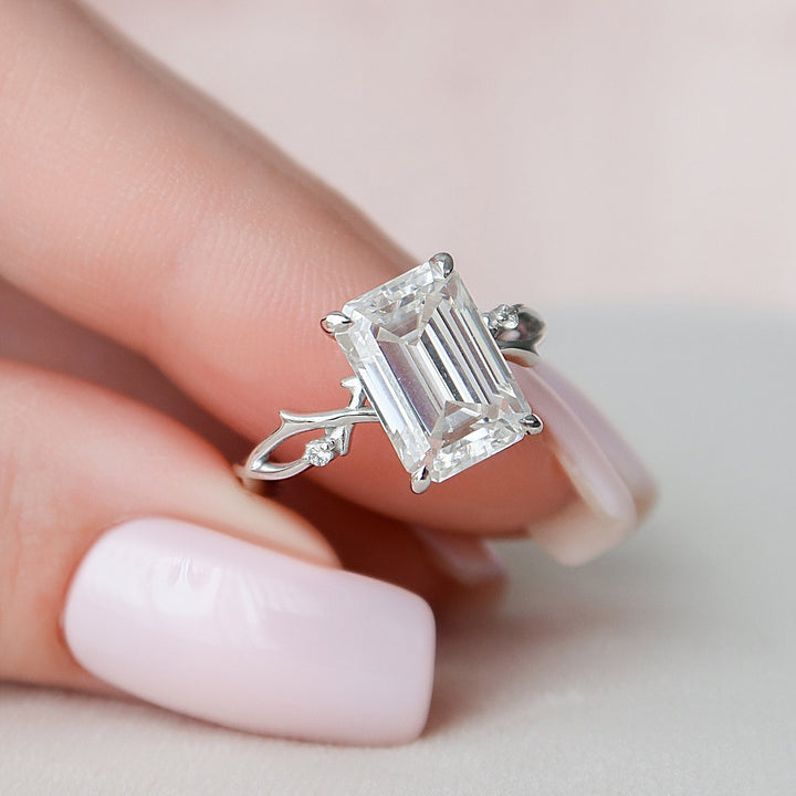 4.0CT Elongated Emerald Cut Twig Moissanite Diamond Engagement Ring