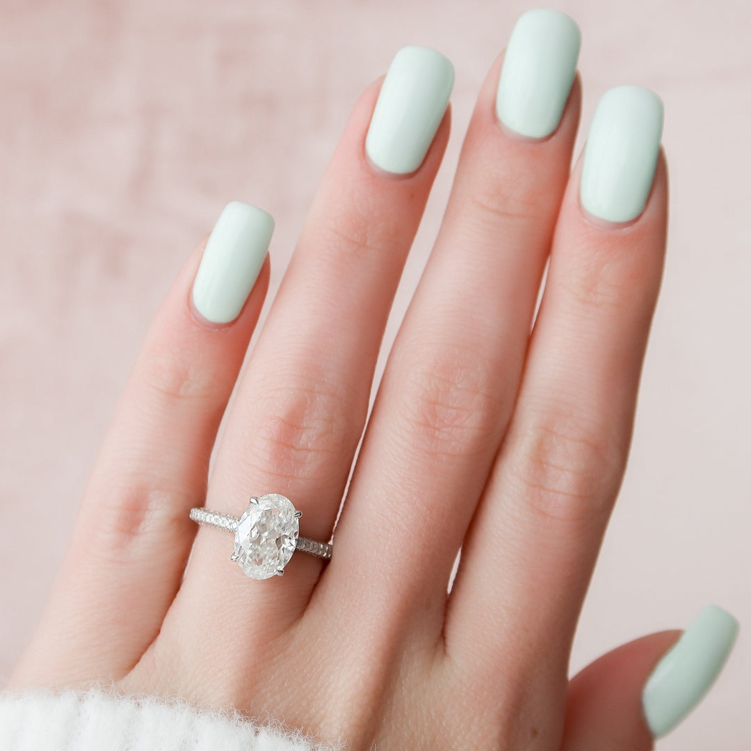 3.0CT Oval Cut Hidden Halo Moissanite Diamond Three Side Pave Engagement Ring