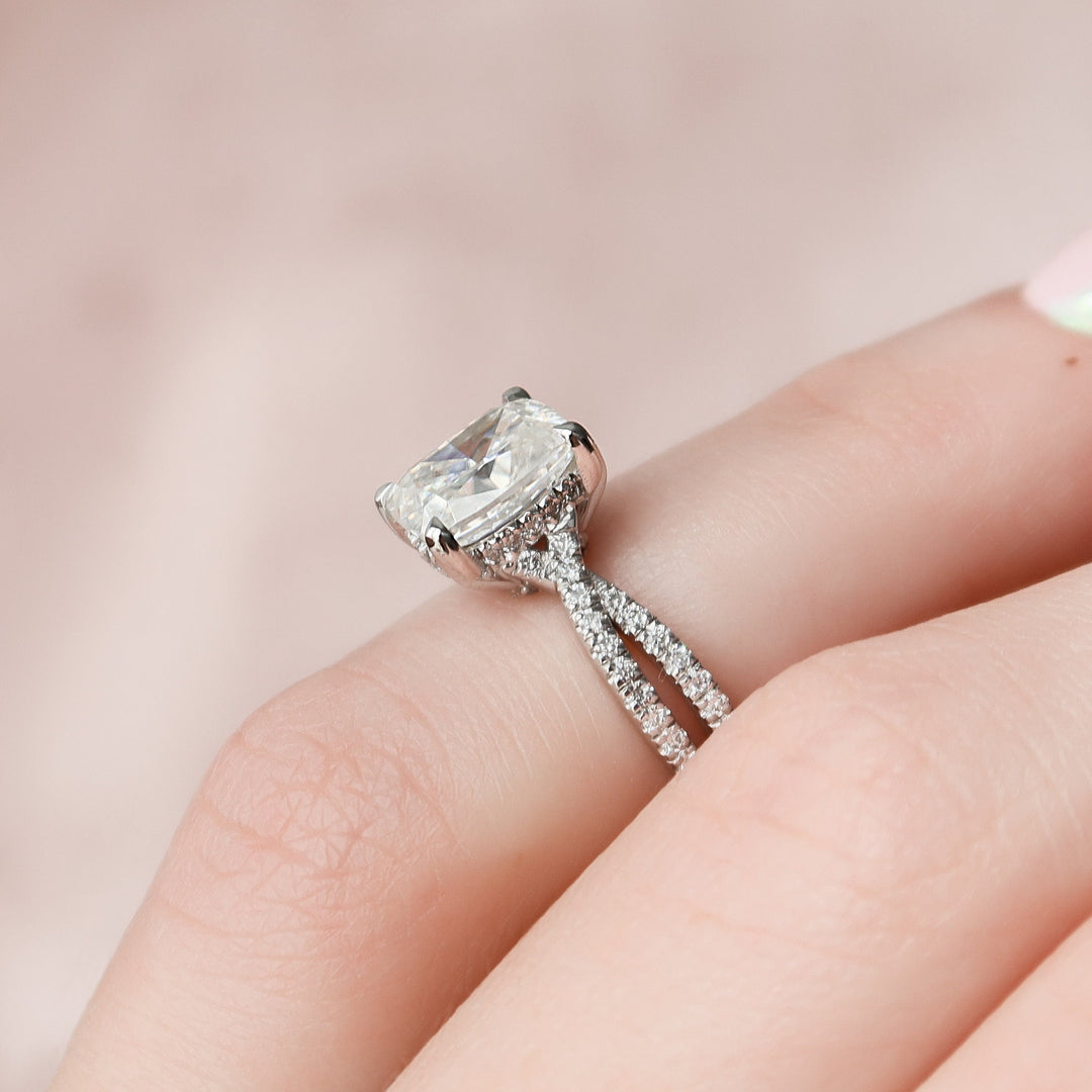 2.0CT Elongated Cushion Cut Split Shank Moissanite Diamond Hidden Halo Engagement Ring
