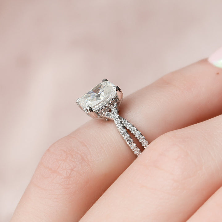 2.0CT Elongated Cushion Cut Split Shank Moissanite Diamond Hidden Halo Engagement Ring