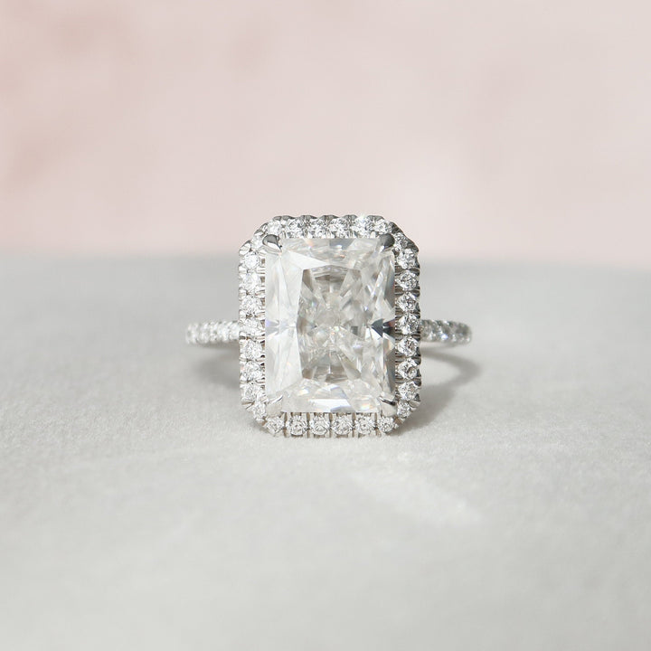 5.0CT Radiant Cut Halo Moissanite Diamond Pave Engagement Ring