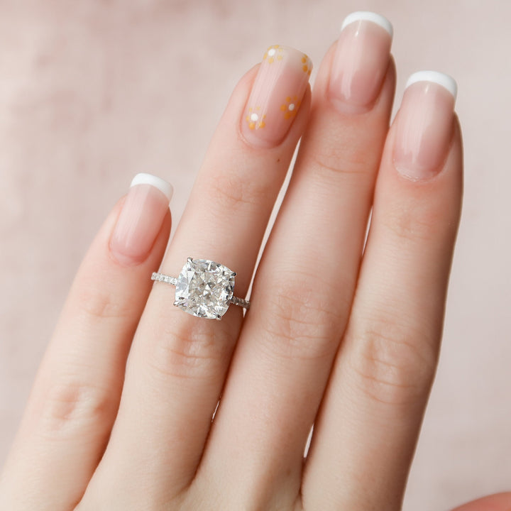4.50CT Cushion Cut Hidden Halo Moissanite Diamond Pave Engagement Ring