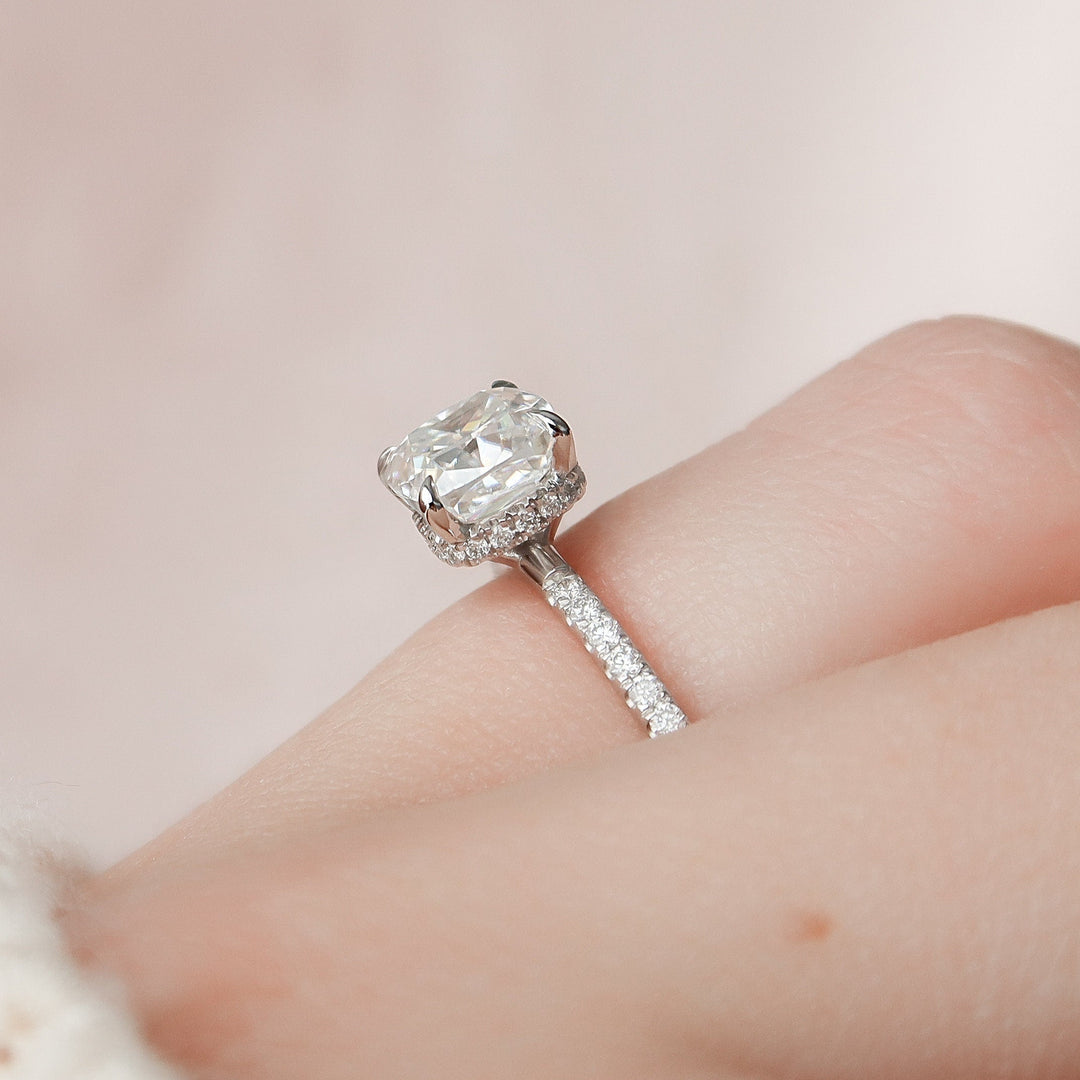 1.50CT Cushion Cut Hidden Halo Moissanite Engagement Ring