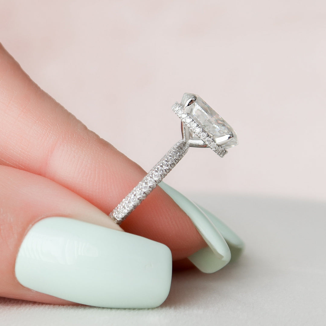 3.0CT Oval Cut Hidden Halo Moissanite Diamond Three Side Pave Engagement Ring