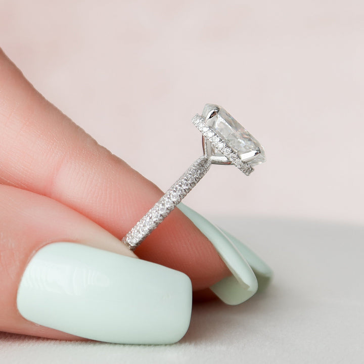 3.0CT Oval Cut Hidden Halo Moissanite Diamond Three Side Pave Engagement Ring