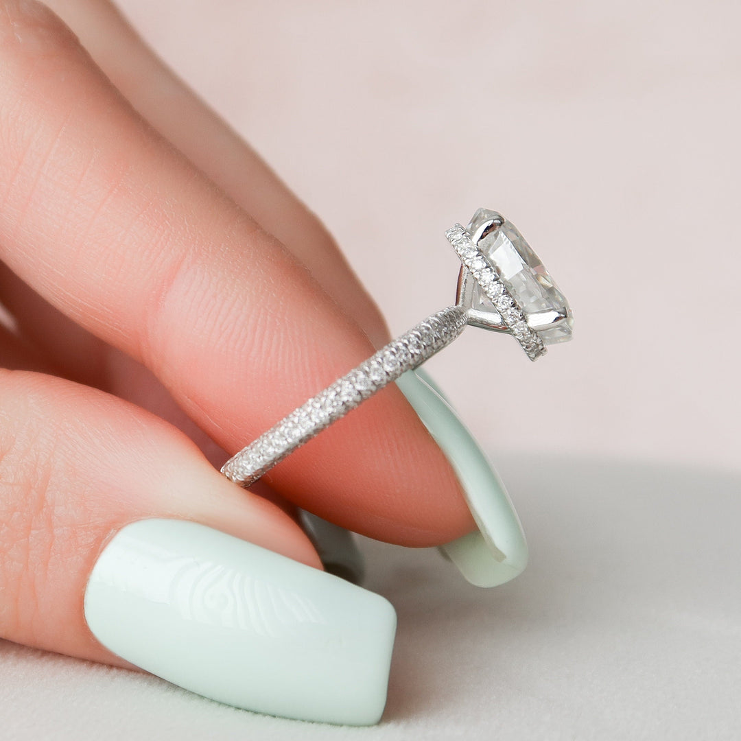 3.0CT Oval Cut Hidden Halo Moissanite Diamond Three Side Pave Engagement Ring