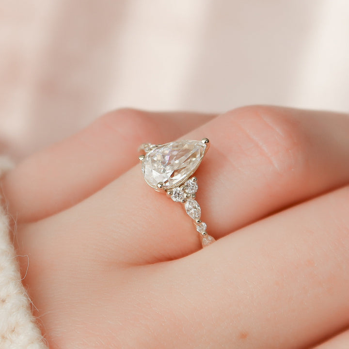 1.50CT Pear Shaped Moissanite Cluster Engagement Ring