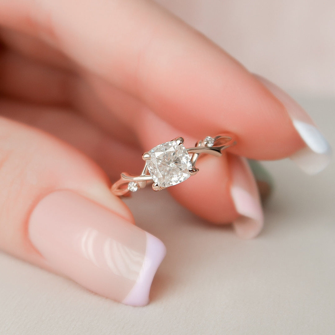 1 CT Cushion Cut Twig Branch Moissanite Engagement Ring