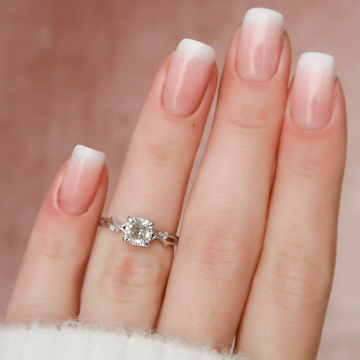 1 CT Cushion Cut Twig Branch Moissanite Engagement Ring