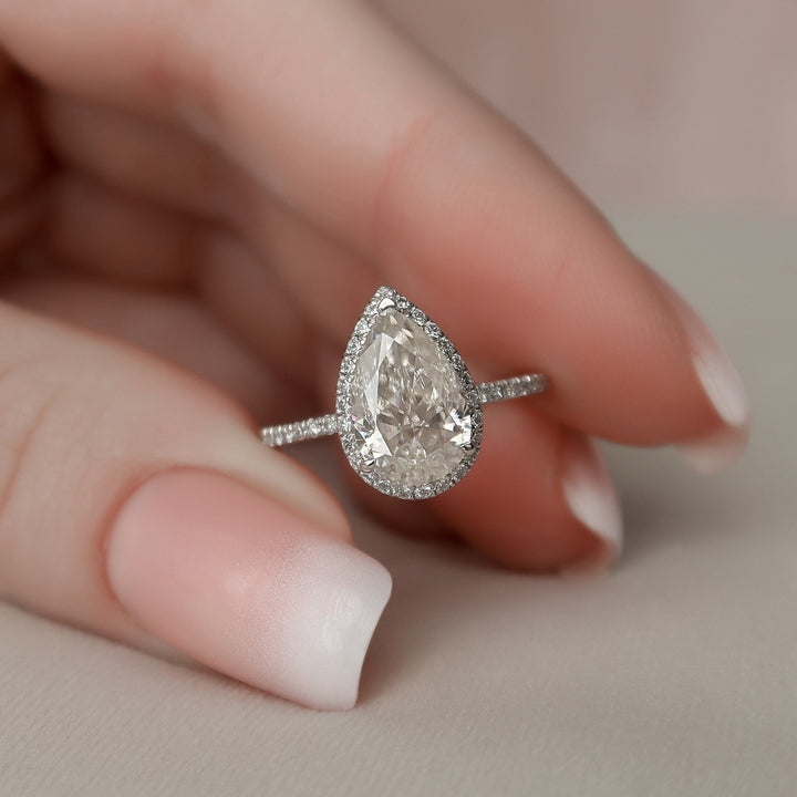 2.0CT Pear Shaped Halo Moissanite Diamond Engagement Ring
