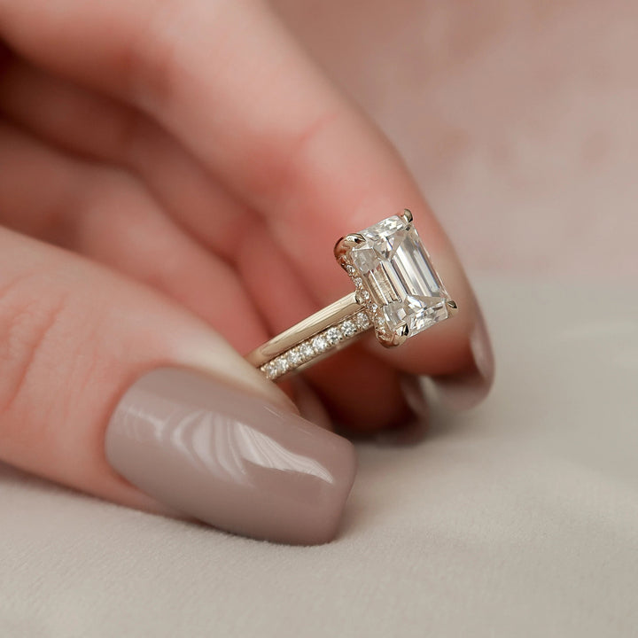 3.0CT Emerald Cut Moissanite  Halo Bridal Engagement Ring Set