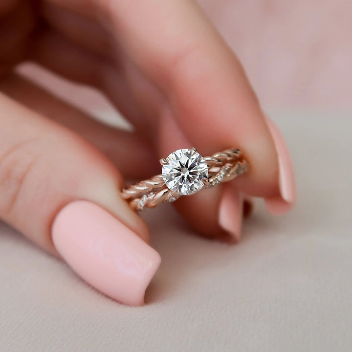 1.0CT Round Cut Moissanite Braided Halo Bridal Engagement Ring Set