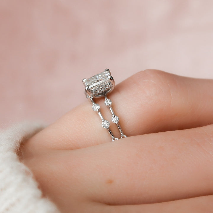 1.0CT Radiant Cut Moissanite Halo Bridal Engagement Ring Set