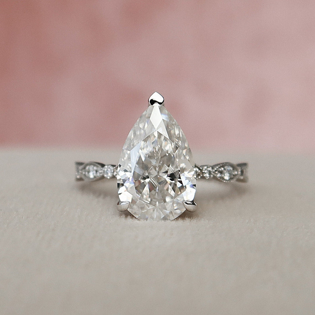3.0CT Pear Cut Art Deco Moissanite Diamond Engagement Ring