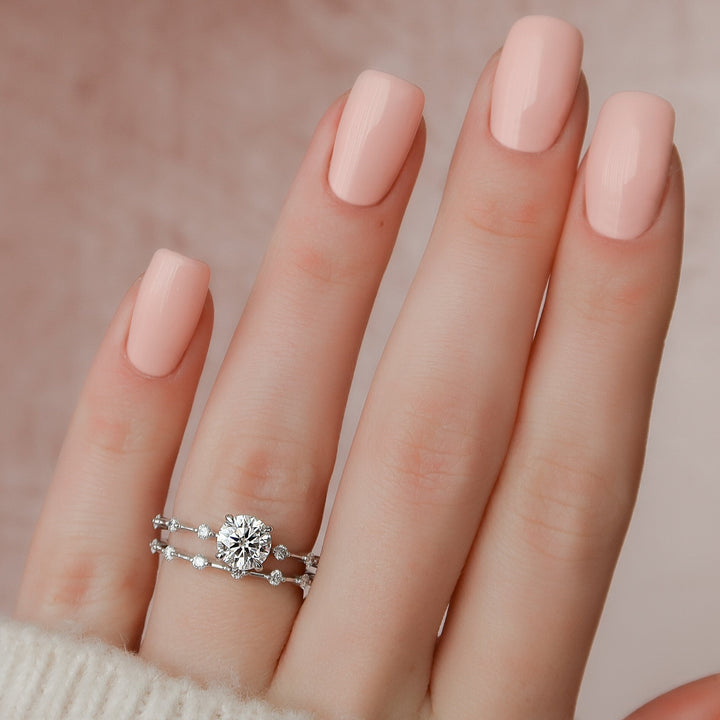 1.0CT Round Cut Moissanite Halo Bridal Engagement Ring Set