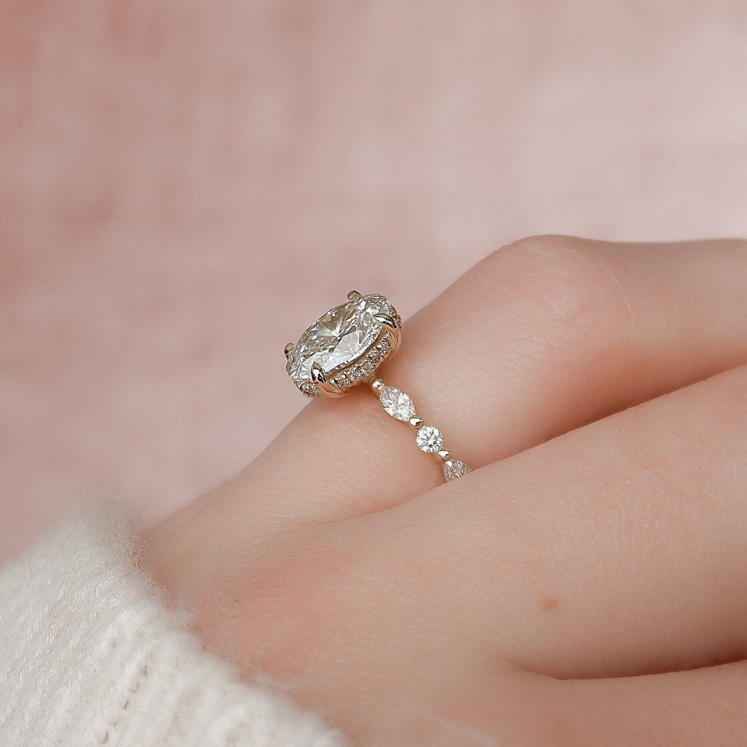 2.0CT Oval Cut Moissanite Hidden Halo Eternity Bridal Engagement Ring Set