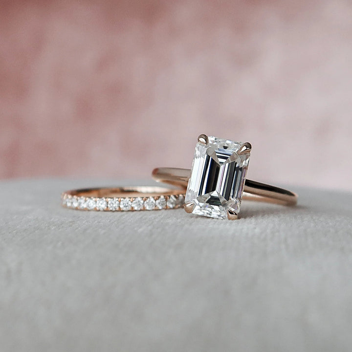 3.0CT Emerald Cut Moissanite  Halo Bridal Engagement Ring Set